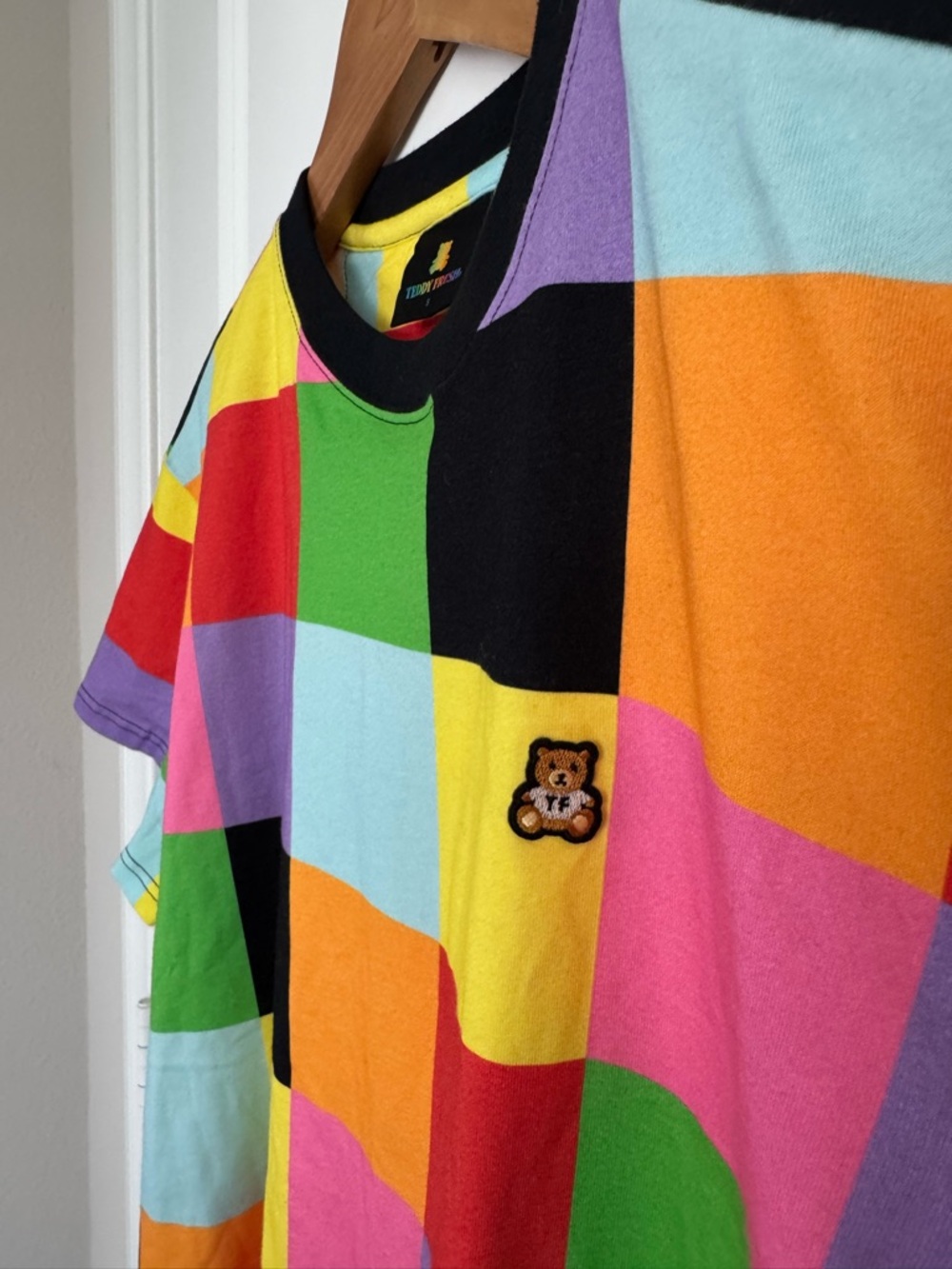 Teddy Fresh Colorblock Patchwork Tee Rainbow Checkerboard Streetwear S - Picture 5 of 9
